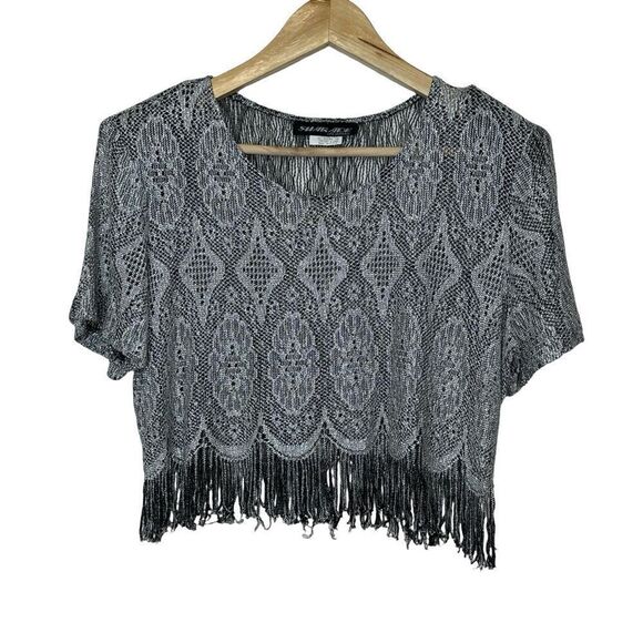 Shair Aide of CA Vintage Metallic Gold Black Lace Crop Top Fringe Hem Size 12 - Picture 7 of 15